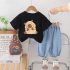 Комплект от Тениска с Щампа, Къс, Деним Панталон и Чантичка за През Рамо WanderBear Black - 3 части