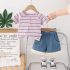 Комплект от Раирана Тениска и Дънкови Панталонки с Бохо Пискюли Riviera Stripes Violet - 2 части