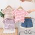 Комплект от Раирана Тениска и Дънкови Панталонки с Бохо Пискюли Riviera Stripes Beige - 2 части