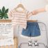 Комплект от Раирана Тениска и Дънкови Панталонки с Бохо Пискюли Riviera Stripes Beige - 2 части
