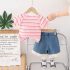 Комплект от Раирана Тениска и Дънкови Панталонки с Бохо Пискюли Riviera Stripes Pink - 2 части