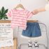 Комплект от Раирана Тениска и Дънкови Панталонки с Бохо Пискюли Riviera Stripes Pink - 2 части