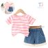Комплект от Раирана Тениска и Дънкови Панталонки с Бохо Пискюли Riviera Stripes Pink - 2 части