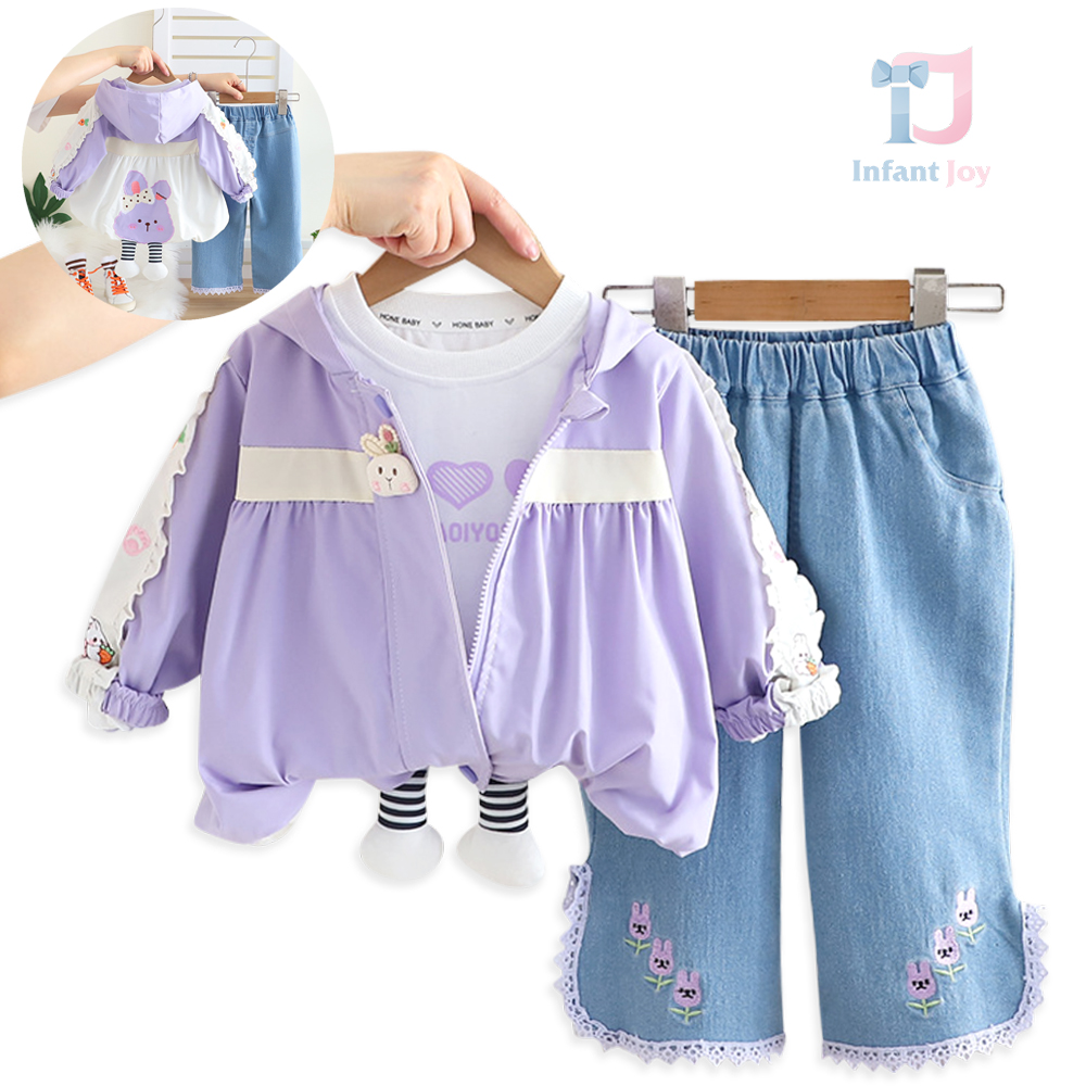 Комплект от Яке с Качулка, Блуза и Дънков Панталон с Бродерии и Дантела Pastel Jolie Lilac - 3 части