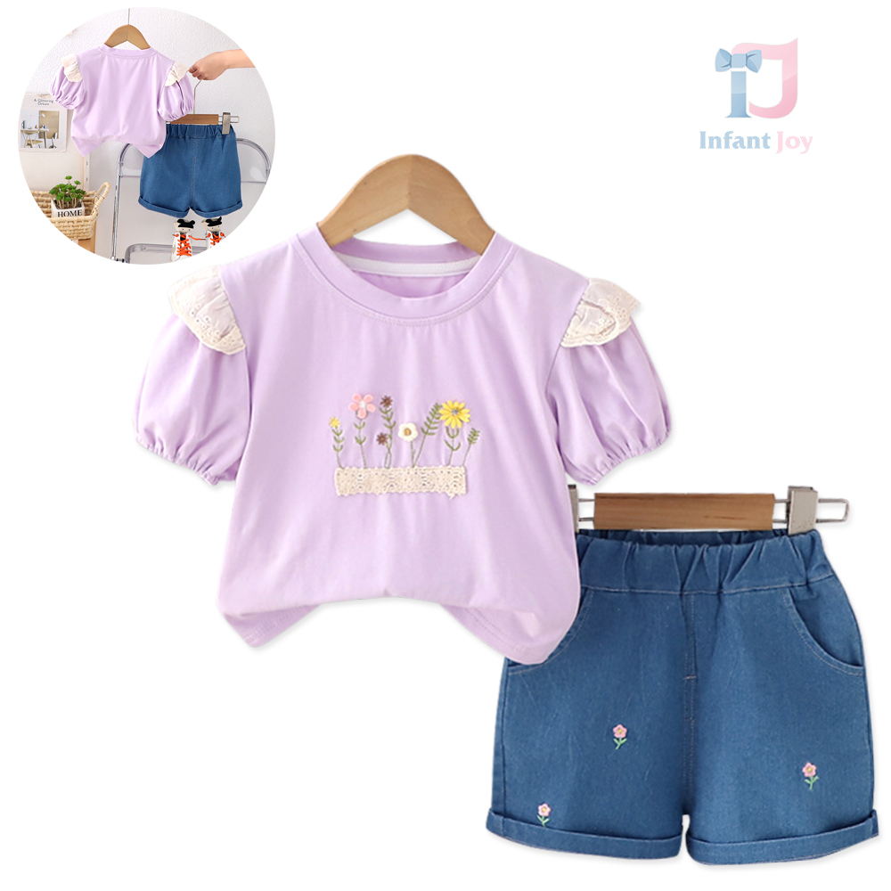 Комплект с Буфан Ръкав, Дантела и Къс, Деним Панталон Summer Stroll Violet - 2 части