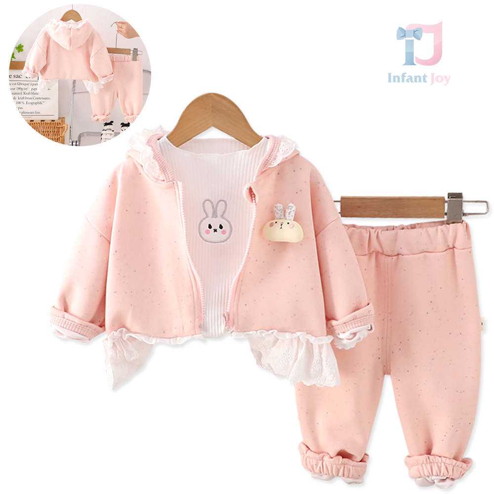 Меланжиран Комплект от Суитшърт с Дантела, Рипс Блузка и Панталон Shiny Bunny Pink - 3 части