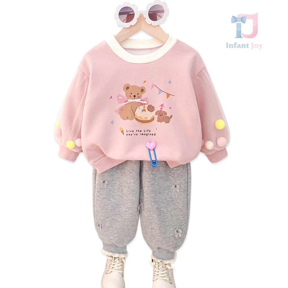 Комплект от Суитшърт с Тюлени Ръкави и Акцент Пухкави Топчета Happy Birthday Bear Pink - 2 части