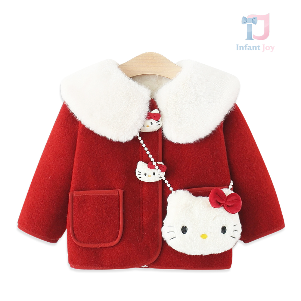 Premium Комплект от Палто от Еко Велур с Пухкава Яка тип "Питър Пан", 3Д Елементи и Чантичка за През Рамо Fuzzy Kitty - 2 части