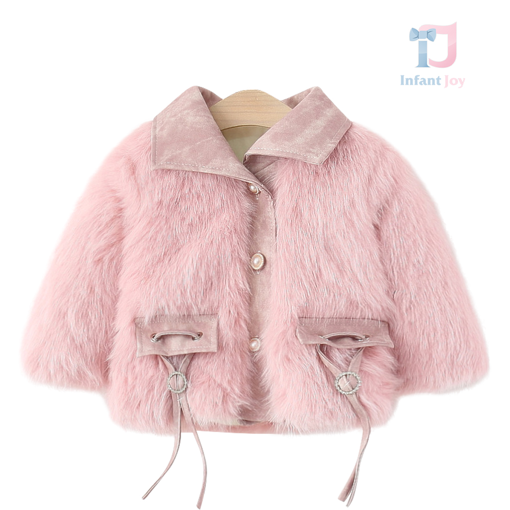 Premium Палто Дълъг Косъм и Еко Велур с Перлени Копчета Scarlet Flair Pink