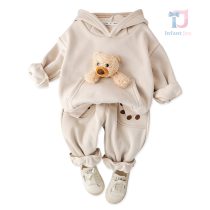 Ватиран Комплект от Блузка/Суитшърт с Джоб Тип "Кенгуру", 3Д Елемен и Панталон Tiny Bear - 2 части