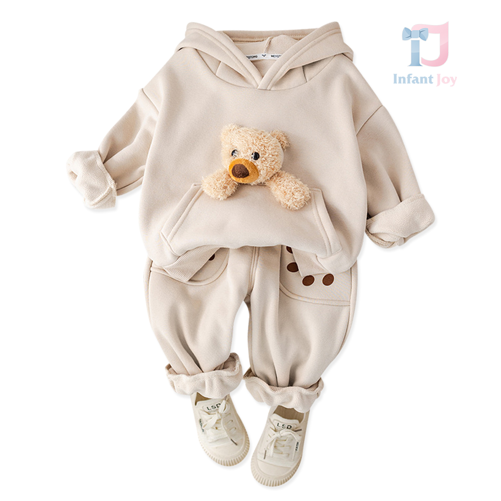 Ватиран Комплект от Блузка/Суитшърт с Джоб Тип "Кенгуру", 3Д Елемен и Панталон Tiny Bear - 2 части