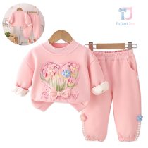 Ватиран Комплект от Блузка/Суитшърт с Красиви 3Д Елементи и Панталон Rainbow Flowers Pink - 2 части